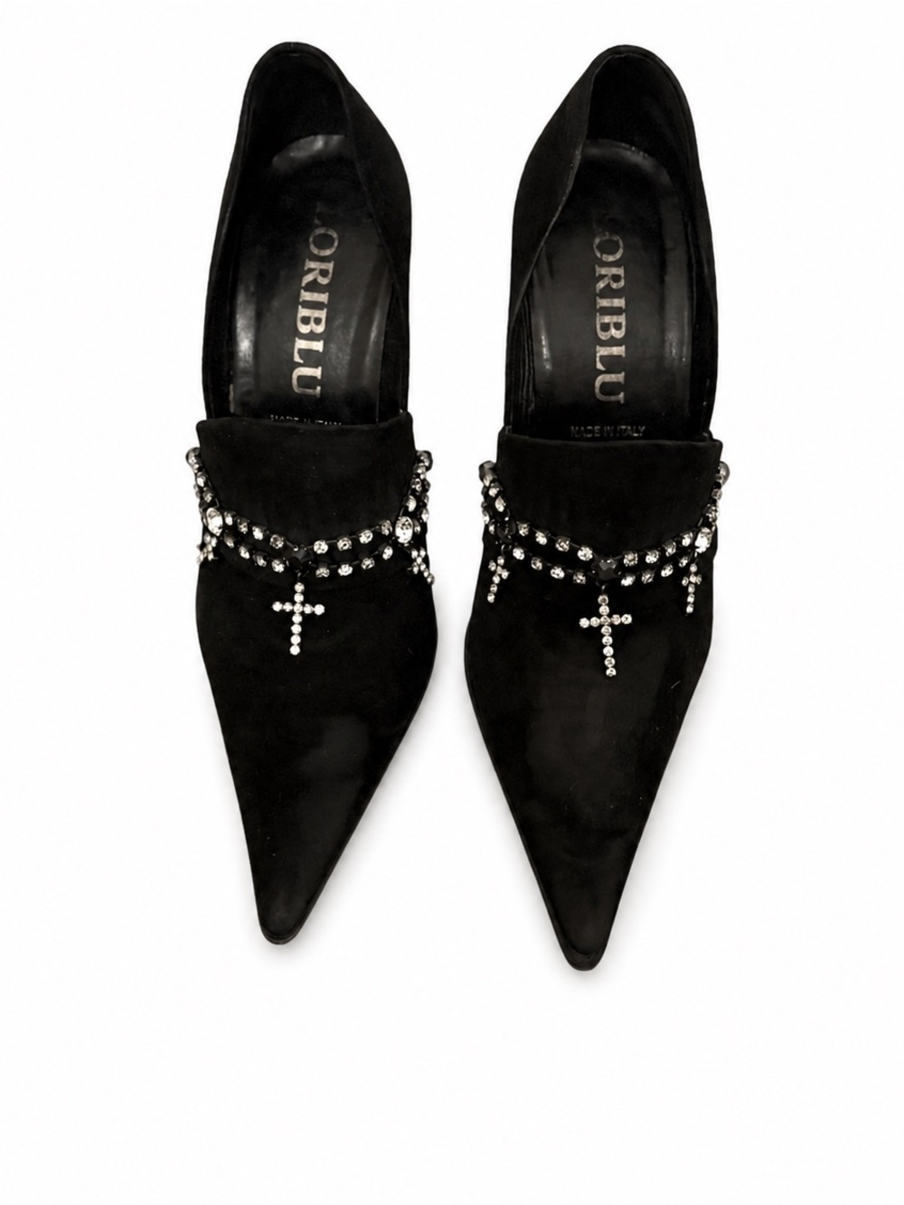 LORIBLU Black Suede Crystal Cross Heels Made in Italy 🇮🇹 Size 37